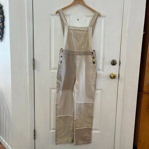 Easel Los Angeles Farmhouse Hippie Festival Tan Denim Patchwork Overalls Sz SM
